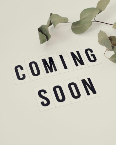 Eucalyptus branch with 'Coming Soon' message on white background for announcements.